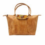 Front view of the foldable vegan cork tote bag showing cork texture and sturdy handles in Patchwork