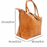 Angled side view of cork tote with dimensions: 15 inches wide, 9.1 inches tall, 5.5 inches deep