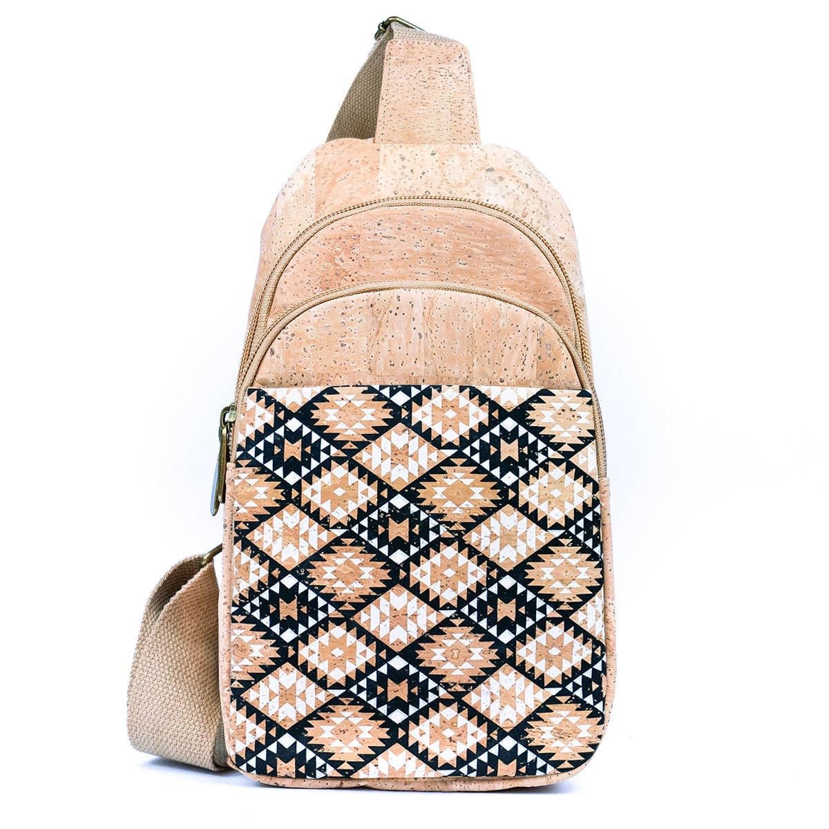 Front view Aztec cork three compartment chest bag/sling from Texas Cork Company