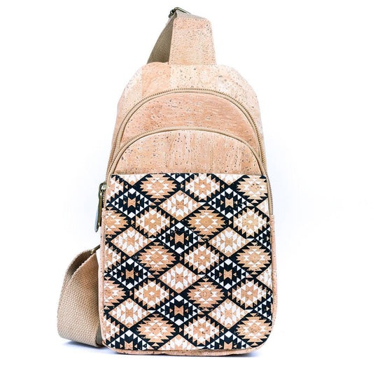 Front view Aztec cork three compartment chest bag/sling from Texas Cork Company