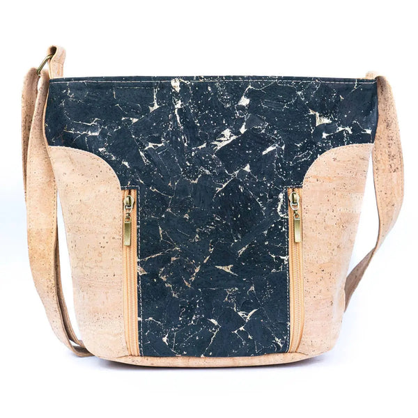 Front view of Black & Gold Eco-Friendly Cork Purse with Stylish Vertical Front Zippers  from Texas Cork Company