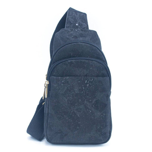 Front view of black Natural Cork Chest Bag from Texas Cork Company