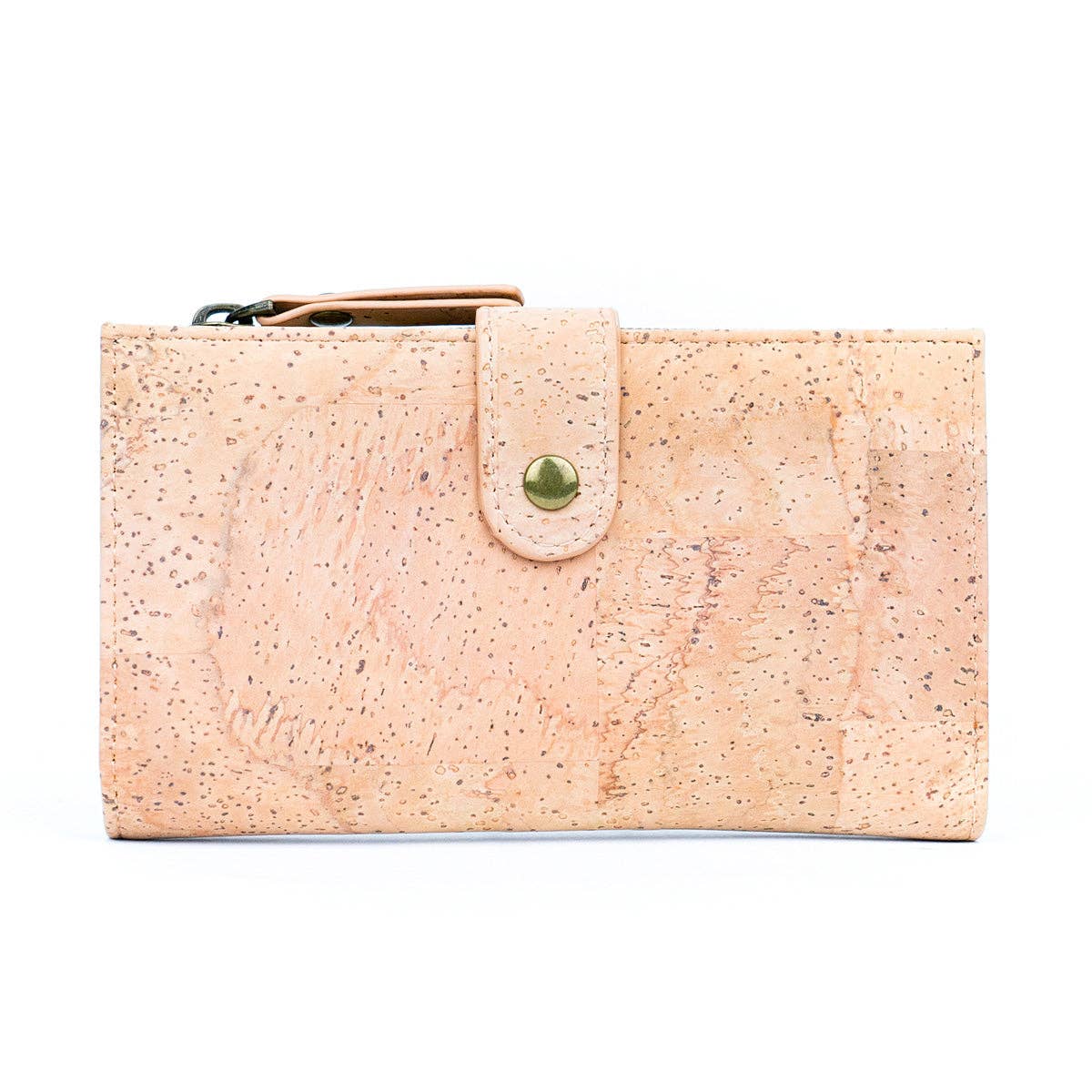 Front of natural chic cork wallet with snap closure from Texas Cork Company