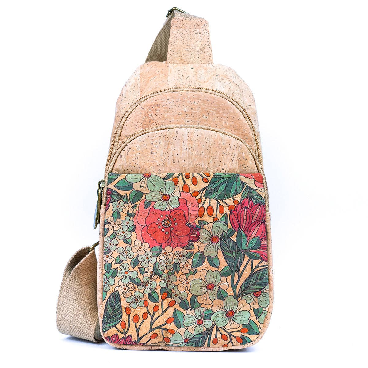 Front view of Floral Cork Three Compartment Chest Bag/Sling from Texas Cork Company