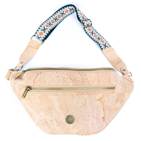 Front of cork sling bag fanny pack from Texas Cork Company showing outside zip pocket.
