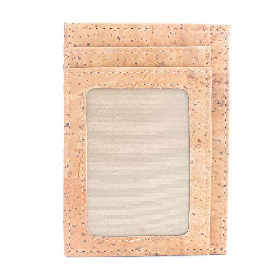 Minimalist cork card wallet with RFID protection and ID window in natural color from Texas Cork Company