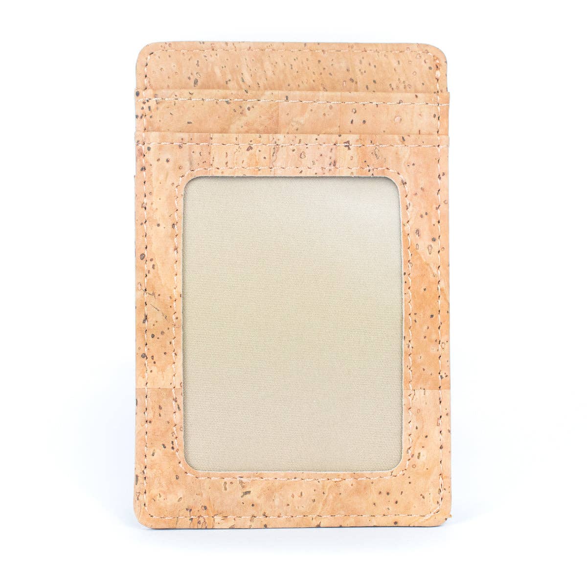 Front view of minimalist RFID card wallet in Natural cork