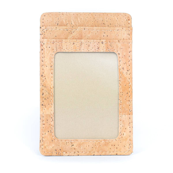Front view of minimalist RFID card wallet in Natural cork