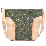 Olive Green marble patterned cork handbag front on a white background