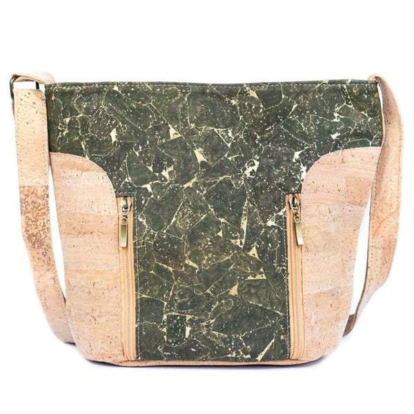 Olive Green marble patterned cork handbag front on a white background