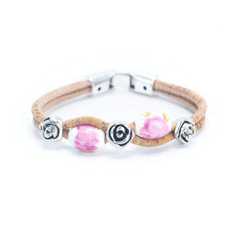 Front view of pink rose beaded cork bracelet from Texas Cork Company.