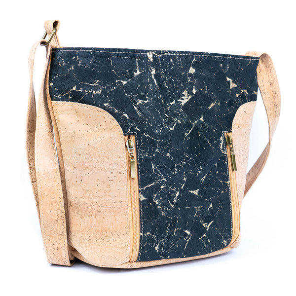 Front and side view of Black Molten Eco-Friendly Cork Purse with Stylish Vertical Front Zippers  from Texas Cork Company