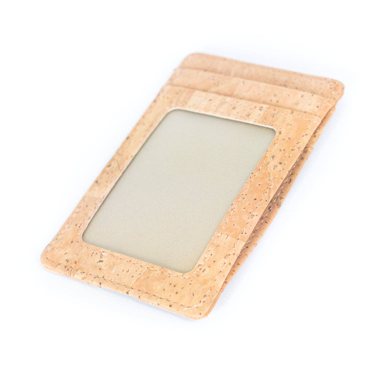 Minimalist cork card wallet with RFID protection and ID window front and side view from Texas Cork Company
