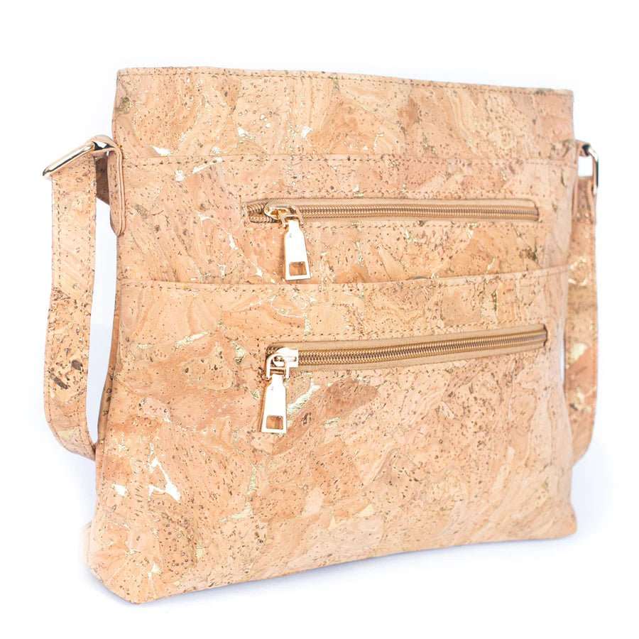 Front and side of Molten Gold Cork Crossbody with Large Slip Pocket from Texas Cork Company