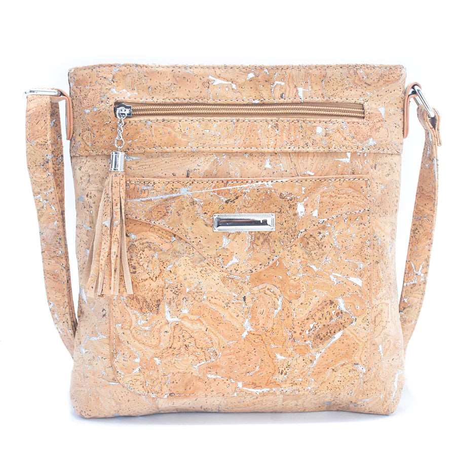 Front view of molten silver Crossbody bag with front slip pocket from Texas Cork Company