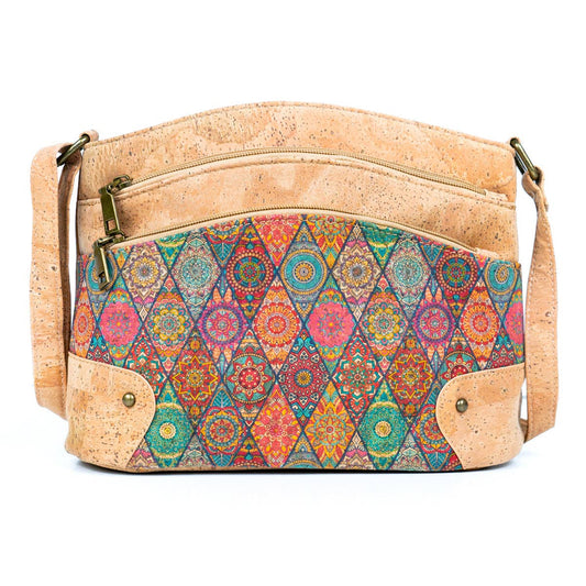 Front view of Eco Chic Three-Line Zipper Women's Cork Crossbody Bag in Traditional print from Texas Cork Company