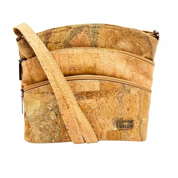 Front view of Dallas Triple Zip Cork Crossbody in Bright Grey