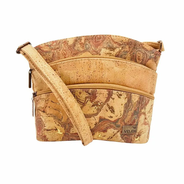 Front view of Dallas Triple Zip Cork Crossbody in Camaleon