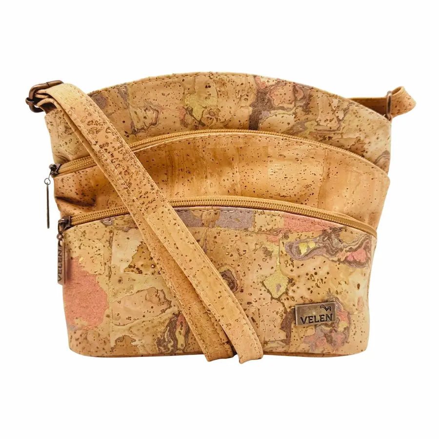 Front view of Dallas Triple Zip Cork Crossbody in Flamingo