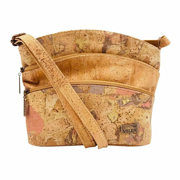 Front view of Dallas Triple Zip Cork Crossbody in Flamingo