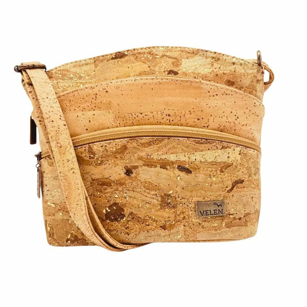 Front view of Dallas Triple Zip Cork Crossbody in Gold