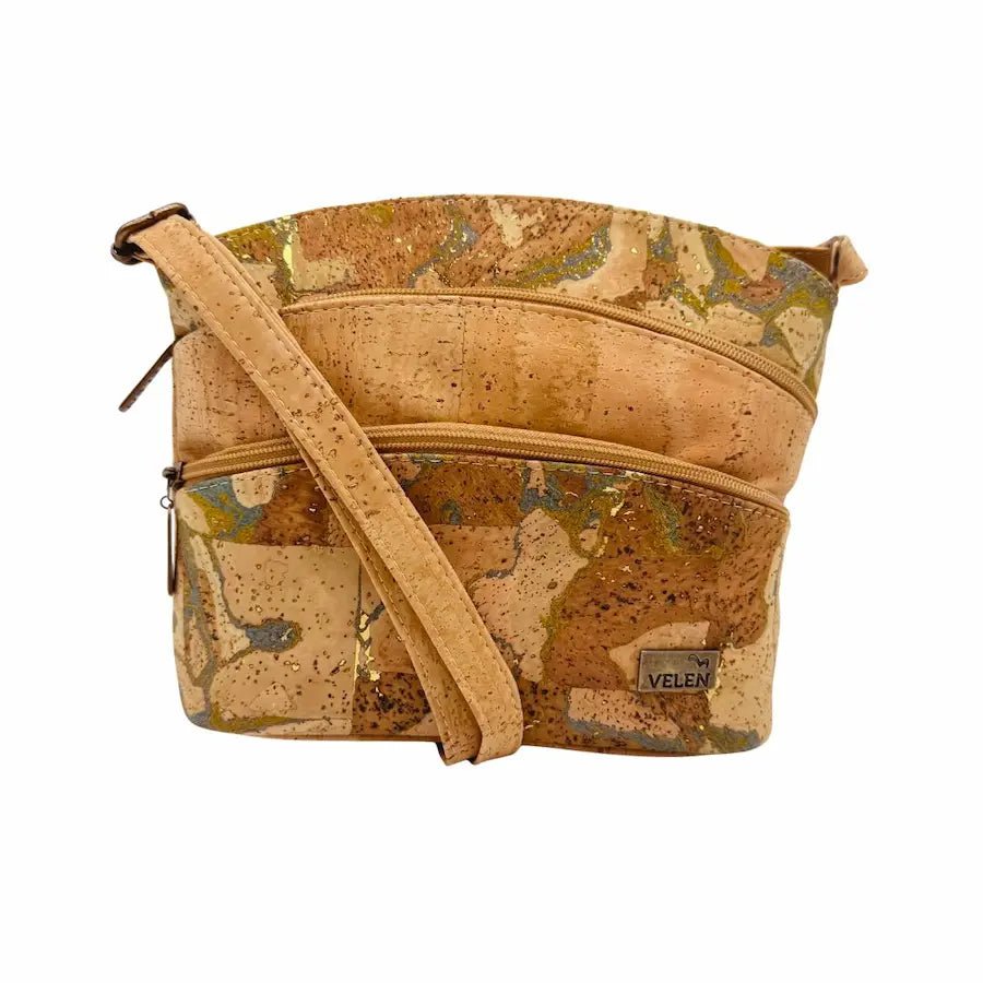 Front view of Dallas Triple Zip Cork Crossbody in Ocean