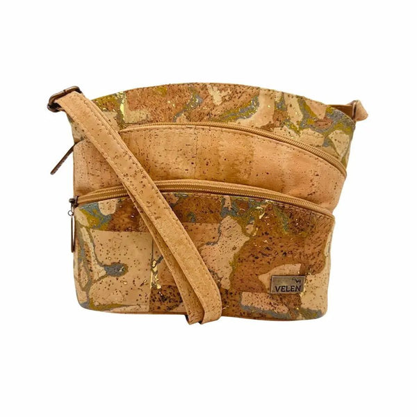 Front view of Dallas Triple Zip Cork Crossbody in Ocean