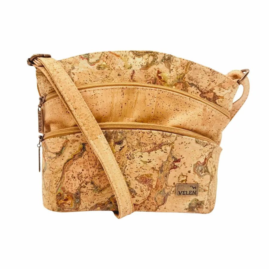 Front view of Dallas Three Line Zipper Cork Crossbody in Roots