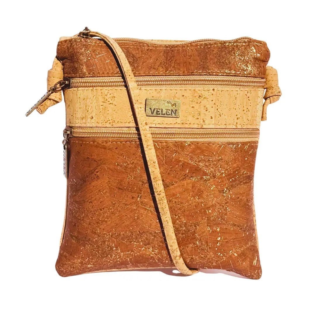 Charleston Cork Triple Zip Crossbody Bag front in Brown Gold
