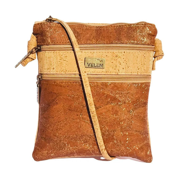 Charleston Cork Triple Zip Crossbody Bag front in Brown Gold