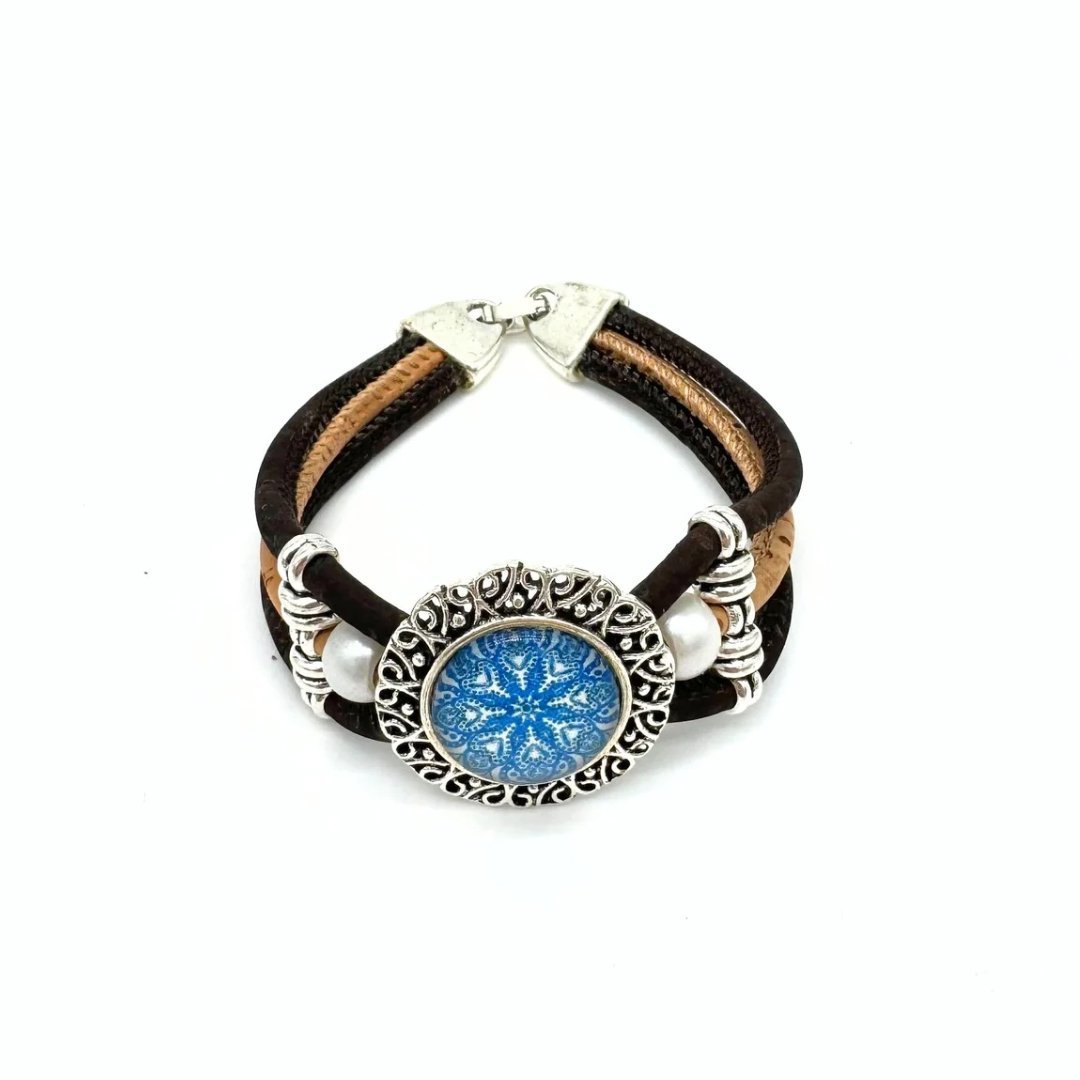 Front view of Vintagre Azulejo Cork Bracelet with Round Tile Pendant from Texas Cork Company.