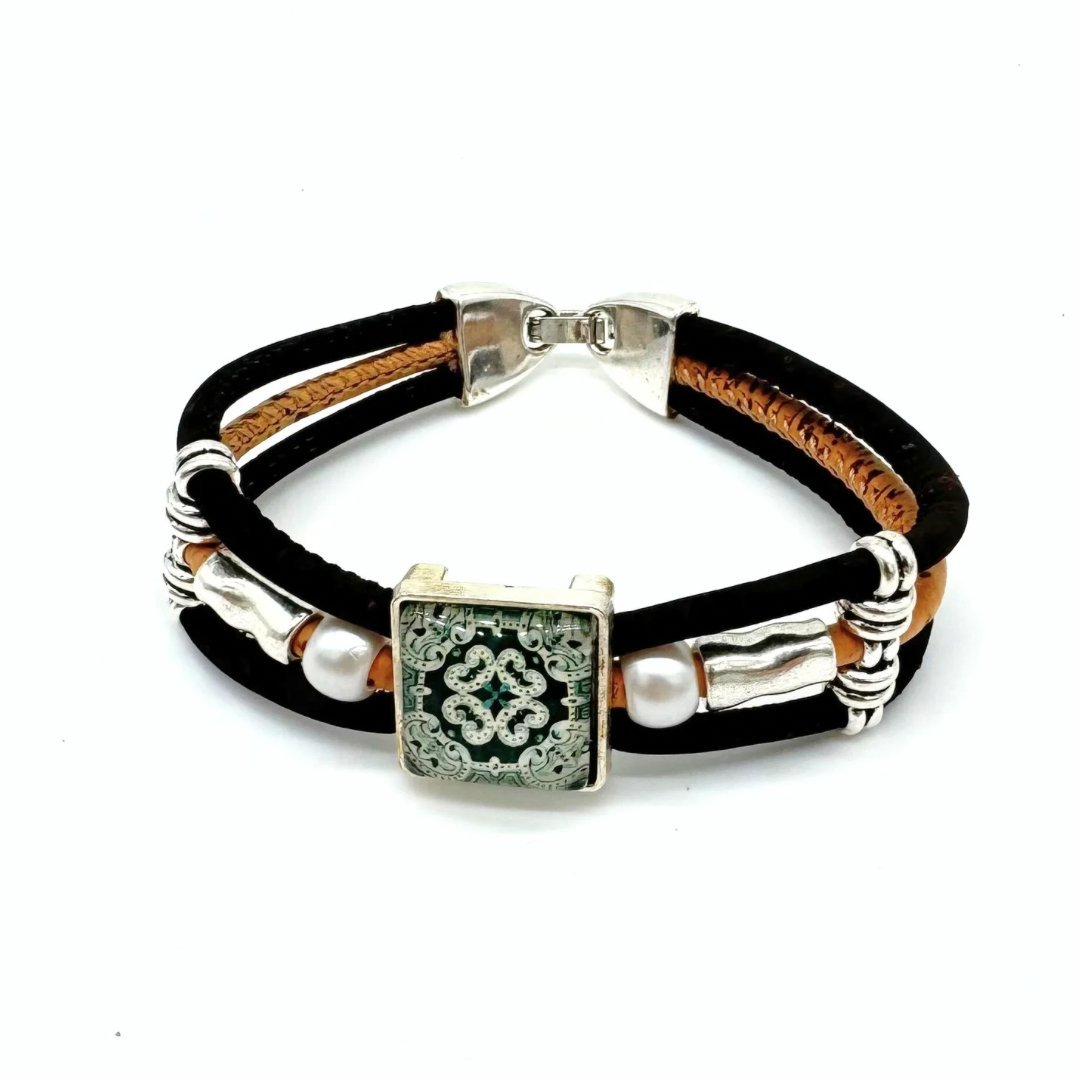 Front view of Vintage Azulejo Cork Bracelet with Square Tile Pendant from Texas Cork Company.