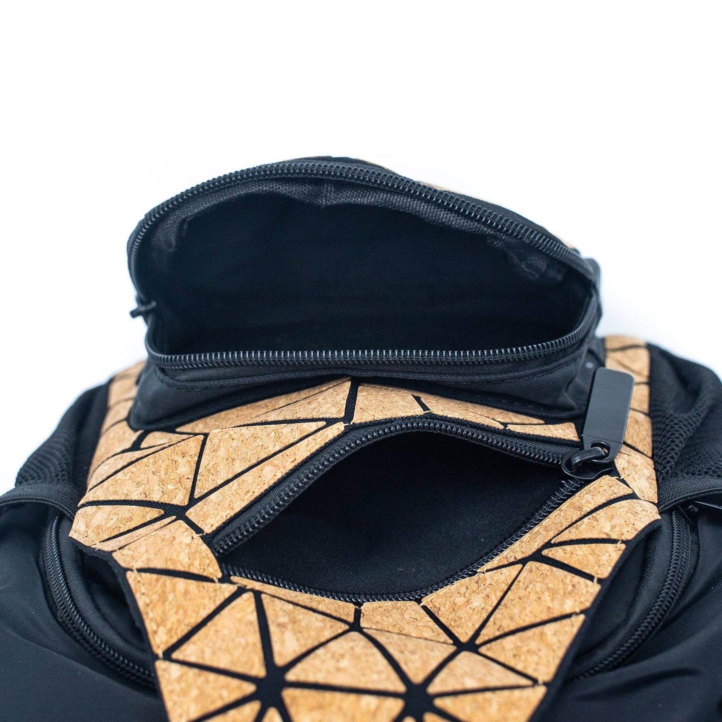 Geometric Cork Crossover Backpack -inside view of outside pockets - Texas Cork Company