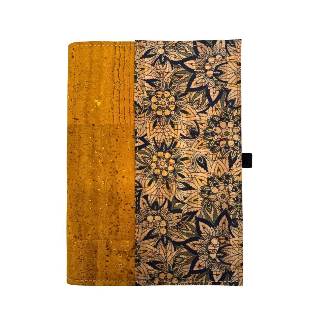 Cork Leather Notebook Cover - Gold with yellow and blue floral right border