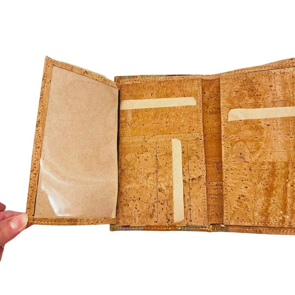 Inside left view Golden Gate Trifold Cork Wallet sowing more card slots and picture slot