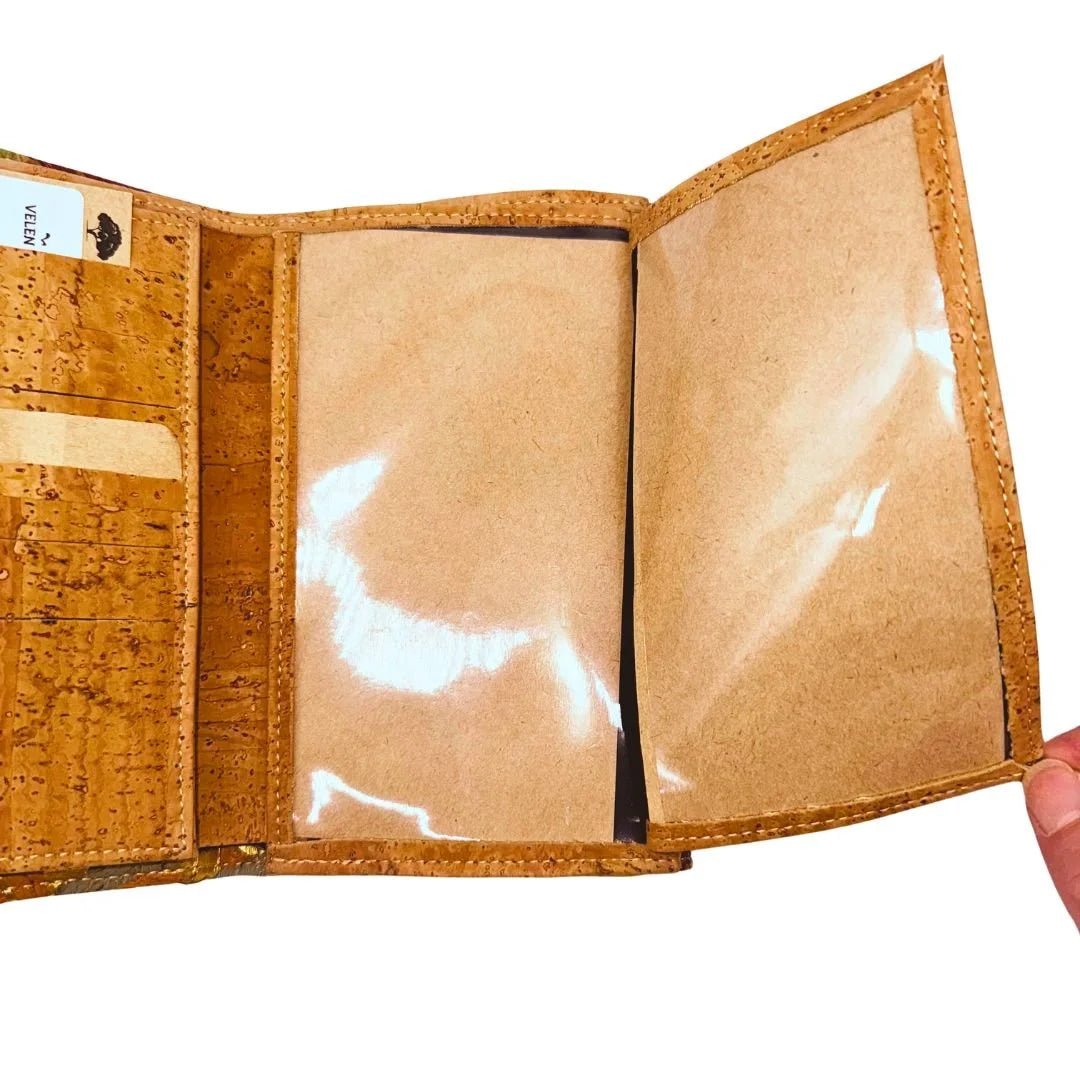 Inside right view Golden Gate Trifold Cork Wallet showing 2 large picture slots