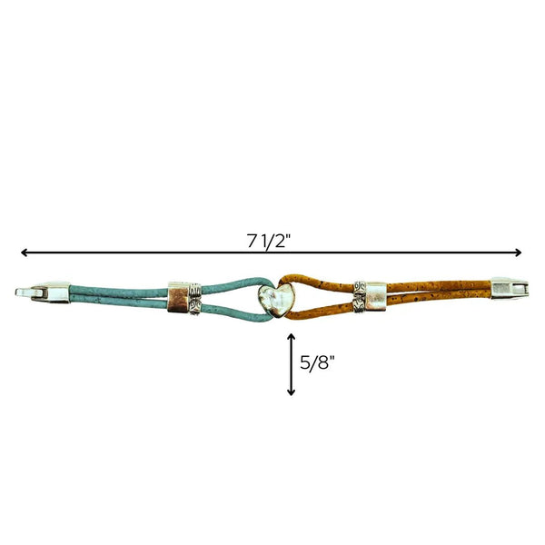 Measurement chart showing dimensions of a cork cord bracelet with heart charm and a clasp on a white background