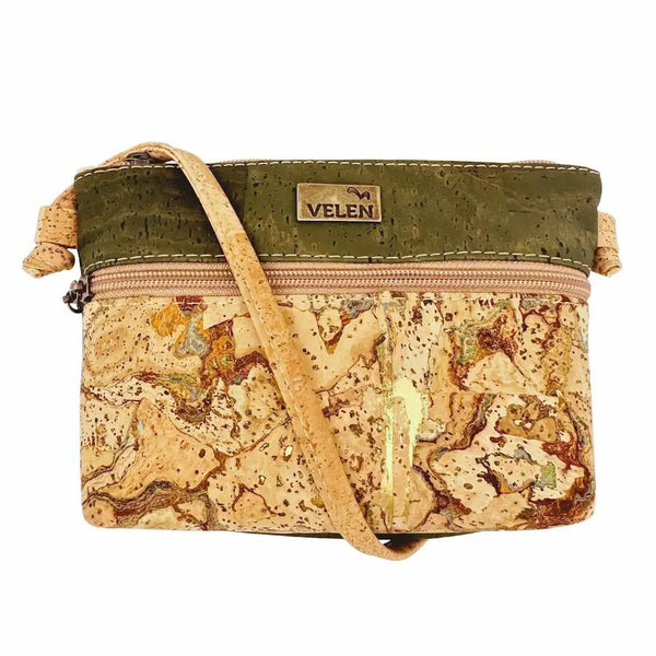 Helena Small Crossbody Cork Bag front in Olive Green and Roots. Back is Olive Green.