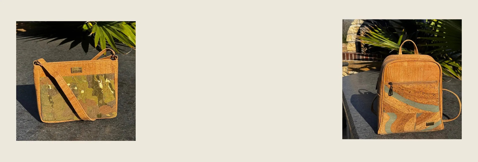  Lexington cork crossbody bag and Ridgeway cork backpack on light background