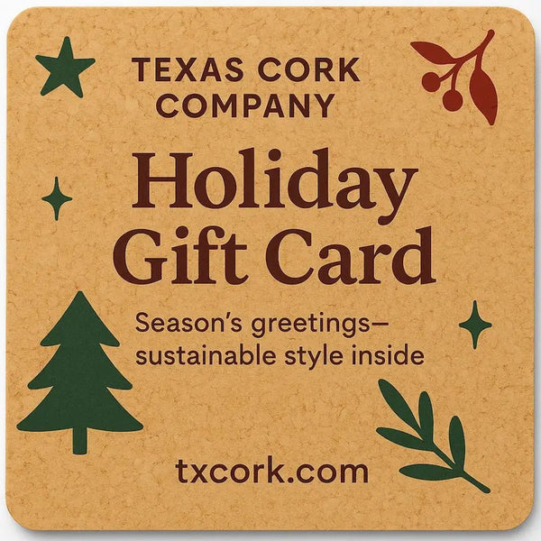 Holiday gift card with holiday decorations on a cork colored background