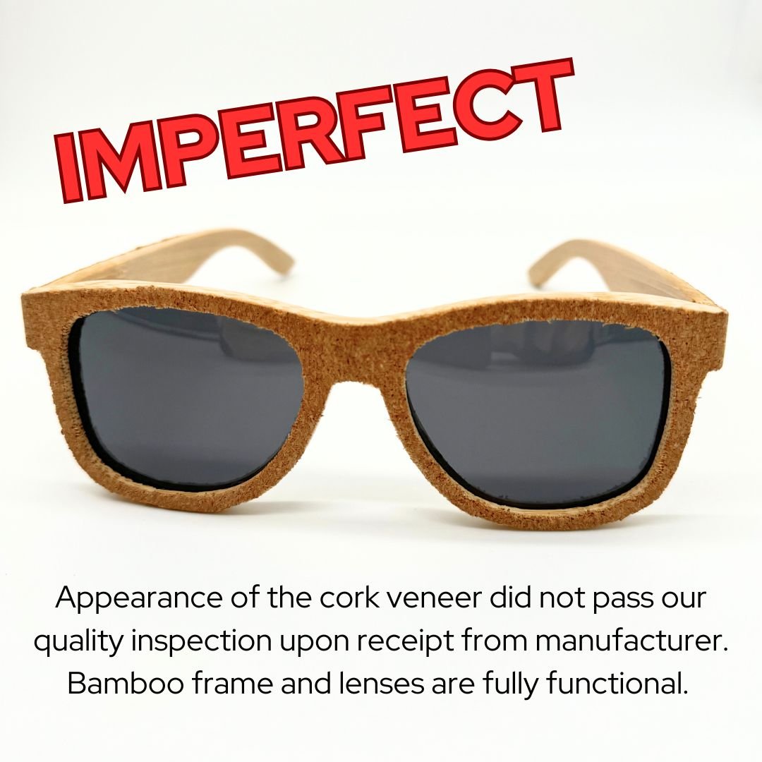 Wood sunglasses with cork rims that did not meet quality requirments - Imperfect.