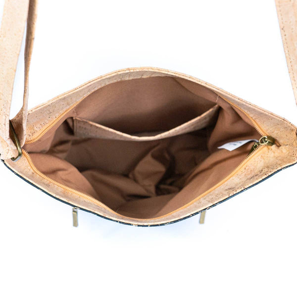 Inside pockets of Black Molten Eco-Friendly Cork Purse with Stylish Vertical Front Zippers from Texas Cork Company.