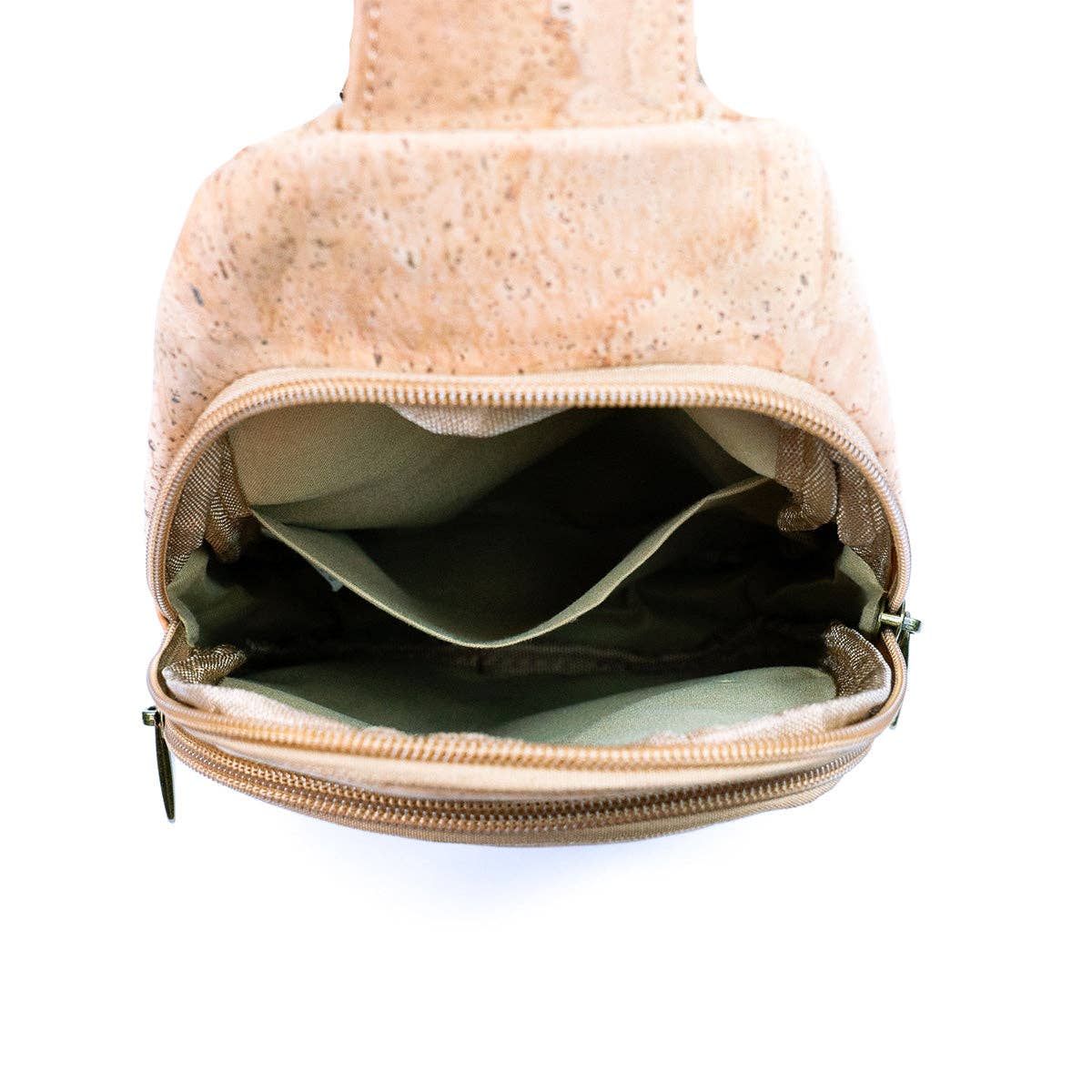 Inside pockets of cork three compartment chestbag/sling from Texas Cork Company