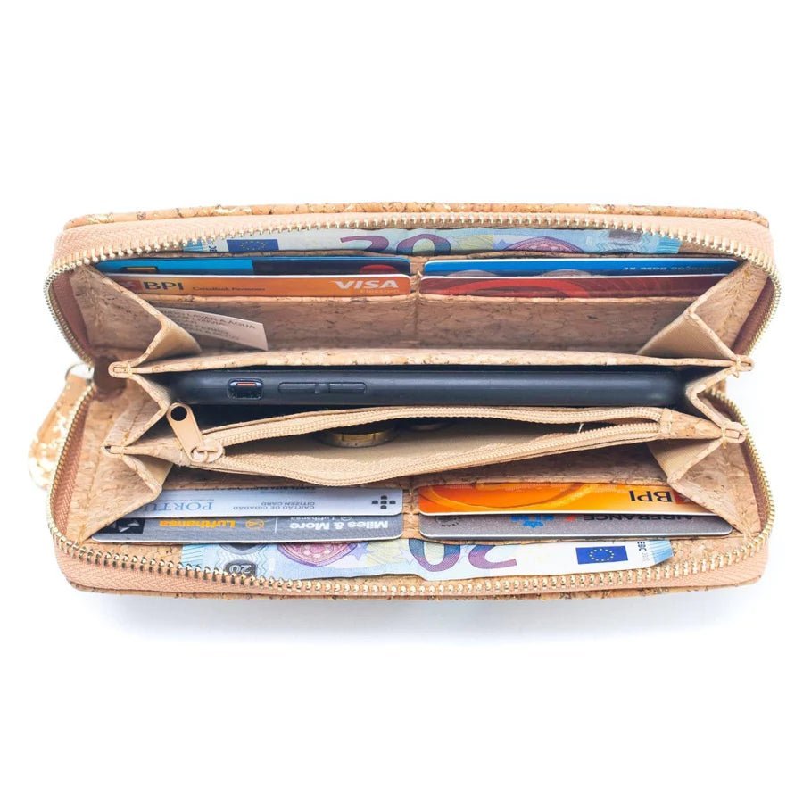 Cork Wristlet Wallet Aggregate Confetti -inside view showing phone, cards, cash and coins - Texas Cork Company