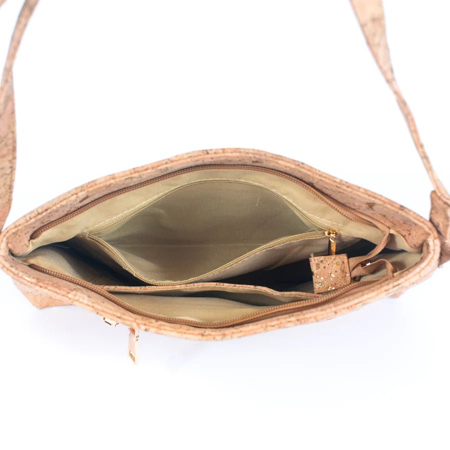 Inside pockets of Molten Gold Cork Crossbody with Large Slip Pocket from Texas Cork Company