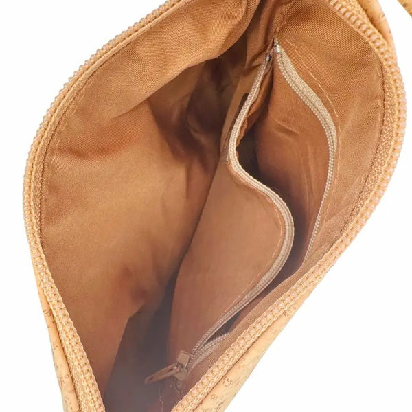 Inside view of Charleston Cork Triple Zip Crossbody Bag showing inside zi pocket.