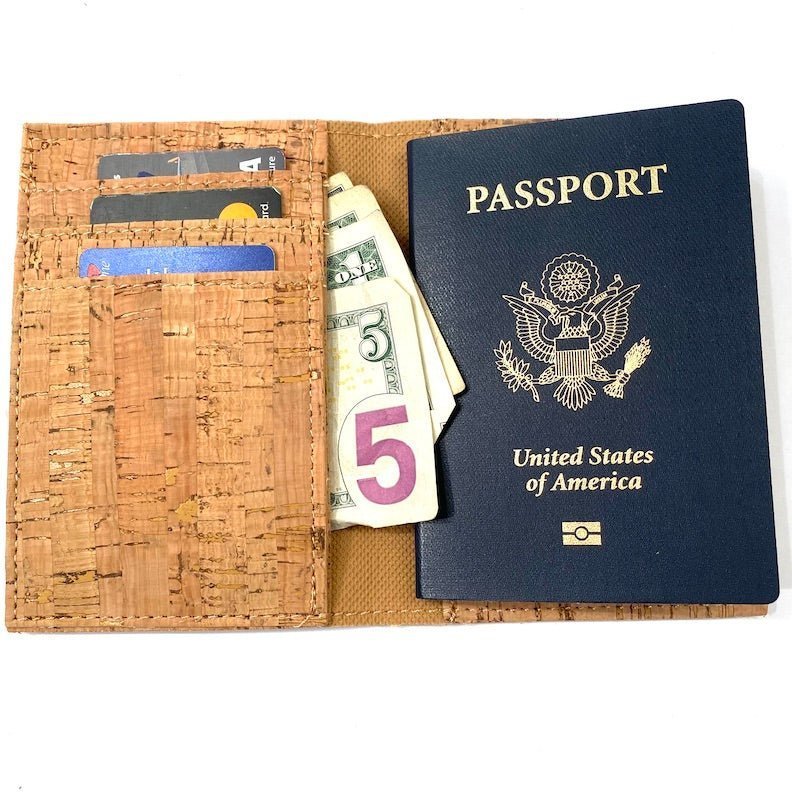 Texas-Made Cork Leather Double Passport Holder with money, cards and passport by Texas Cork Company