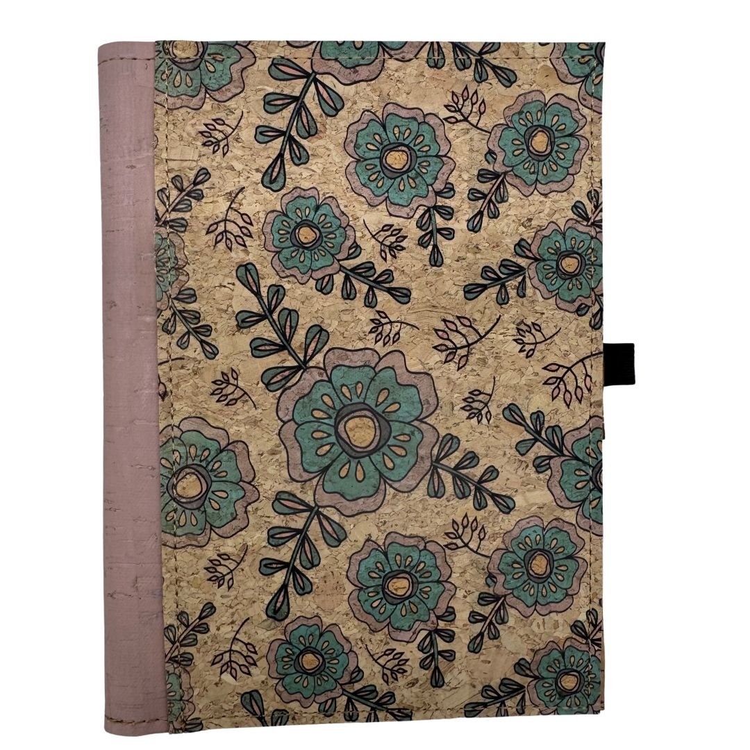 Cork Leather Notebook Cover - Pink with pink and teal floral right border