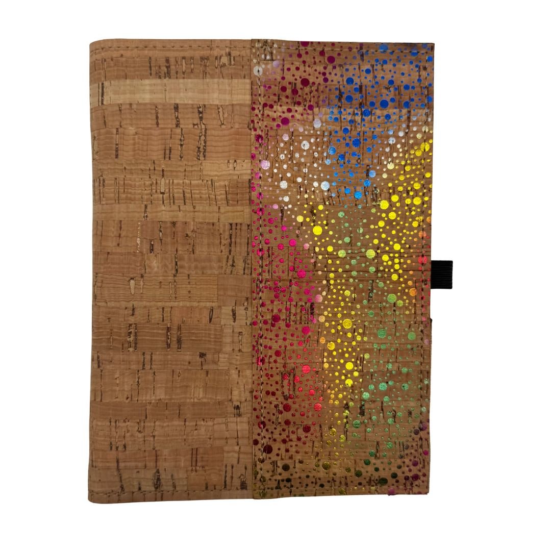 Cork Leather Notebook Cover - Rustic cork with rainbow dot right border