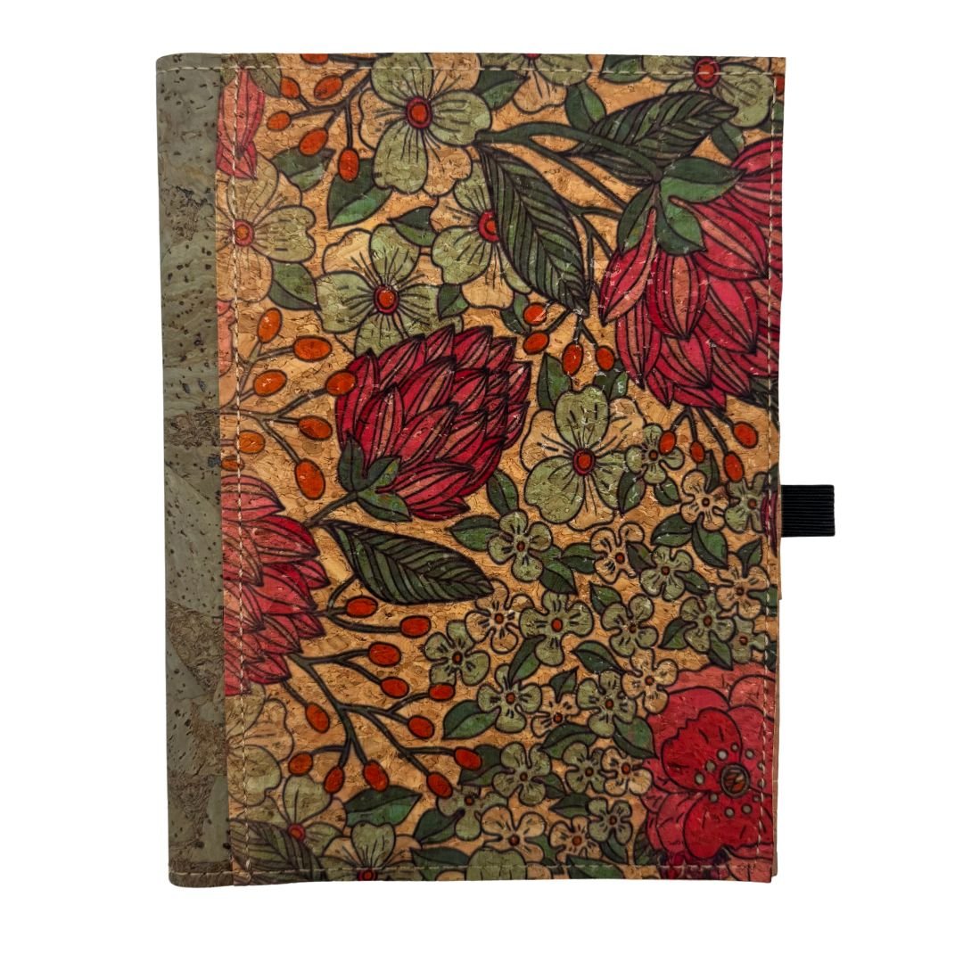 Cork Leather Notebook Cover - Sage green with red and green floral right border